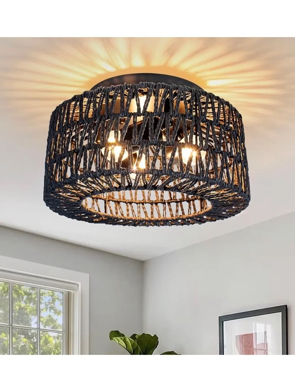 Boho Rustic Rattan Chandelier for Hallway Bedroom Kitchen Foyer Entryway (Black)